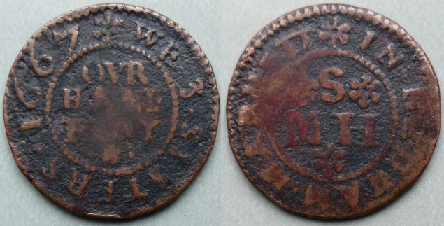 NeedHam Market, M H S WE 3 SISTERS 1667 halfpenny